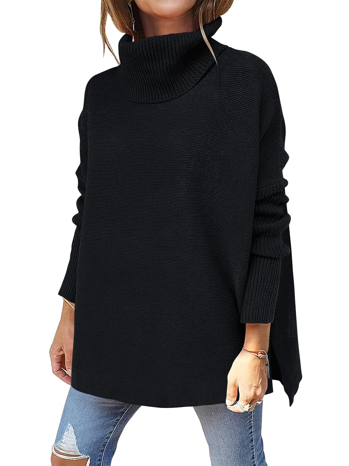 ANRABESS Womens Oversized Turtleneck Batwing Sleeve Spilt Casual Loose Knit Tunic Pullover Sweater Tops 2025 Fall Outfits