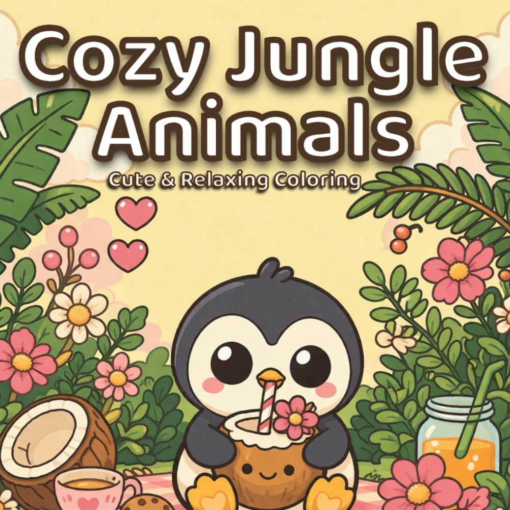 Cozy Jungle Animals: A Cute & Relaxing Coloring Book for Adults and Teens: | Cozy Vibes, Kawaii Animal Scenes, Bold & Easy Designs for Stress Relief, ... and Calm Coloring (Cozy Animal Moments)