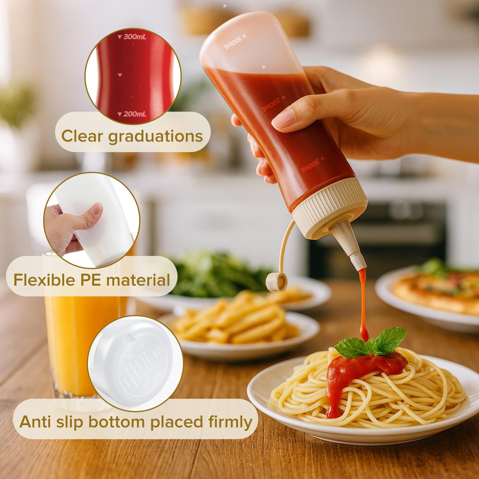 4 Pezzi Biberon Cucina Professionale 350ml, Squeeze Bottle 11.8oz, Trasparente Biberon da Cucina, Ottiglia Squeeze di Plastica con Pennello di Pulizia e Adesivi per Ketchup Olio D'Oliva