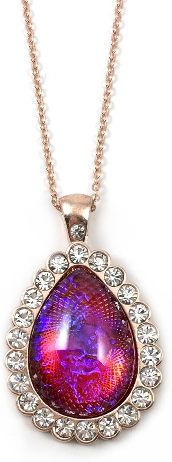 Teardrop Rhinestone Dragon’s Breath Necklace – Color-Shifting Czech Glass “Mexican Opal” Pendant in Silver or Rose Gold – Handmade Gothic Renaissance Gift for Her