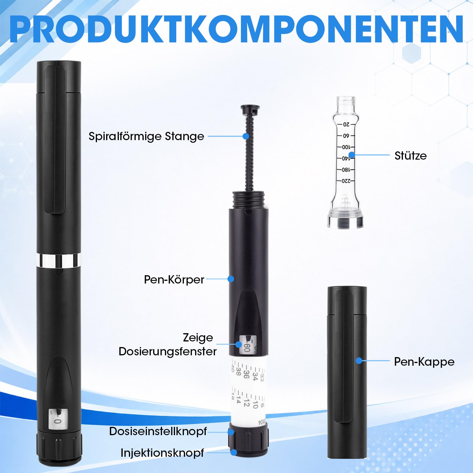 Wiederverwendbarer Insulinpen, Einstellbarem Dosierdial kompatibel, tragbarer 60-Einheiten-Pen mit 3-ml-Patronen, für den täglichen Gebrauch und langfristige Nutzung (schwarz)
