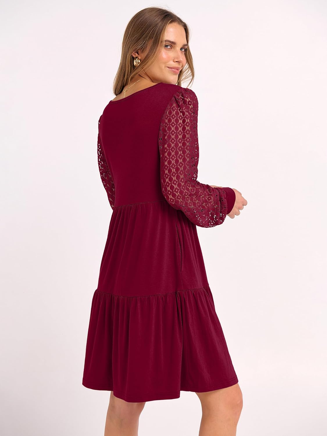 ANRABESS Dresses for Women Casual Lace Long Sleeve V Neck Tiered Swing Flowy Loose A-line Mini Short 2025 Fall Vacation Dress - Image 4