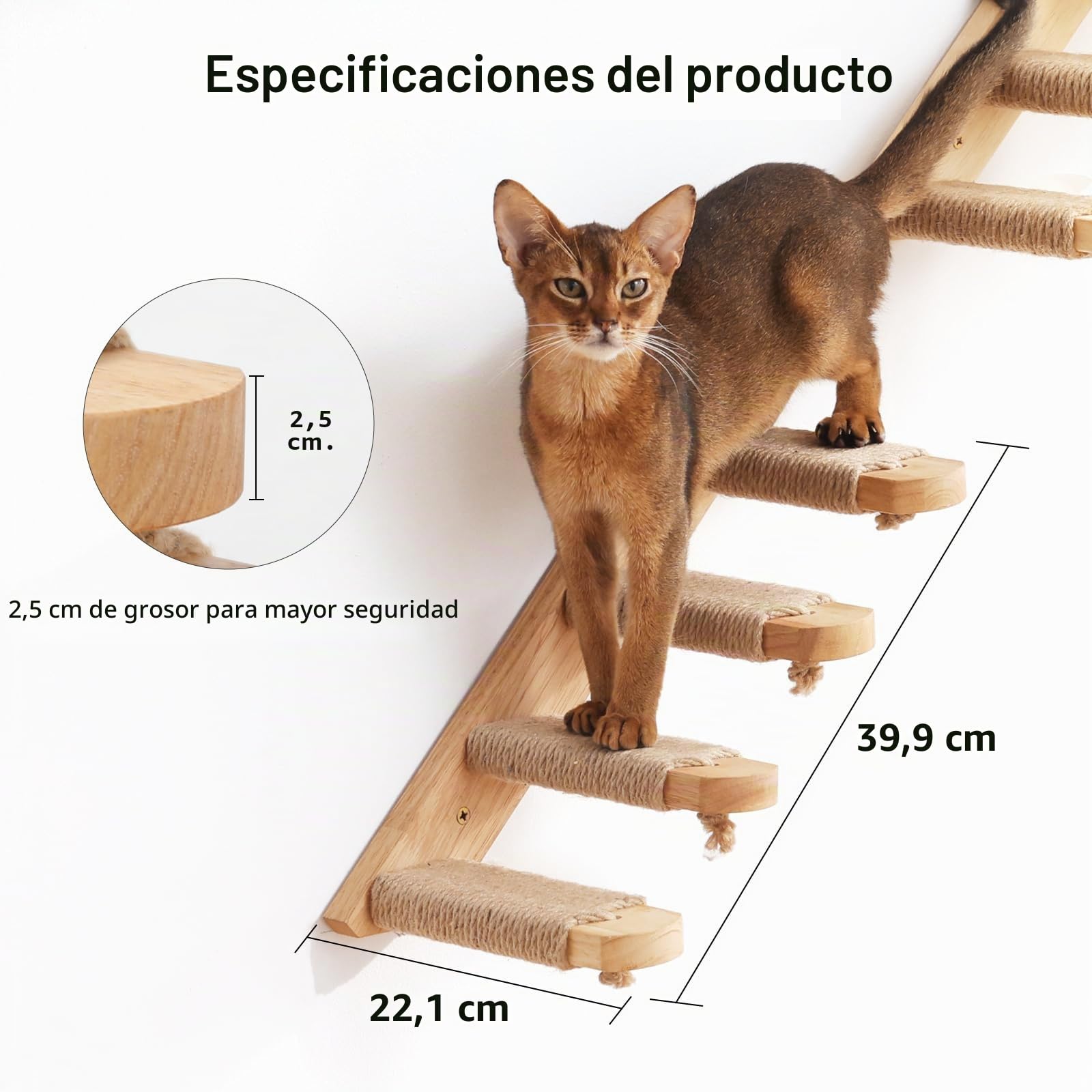 FUKUMARU Estante de Escalada para Gatos Montado en la Pared, Hecho de Madera de Caucho, Escalera de Gato con Rascador de Yute para Gatos, Suministros de Plataforma de Perch. De Izquierda a Derecha