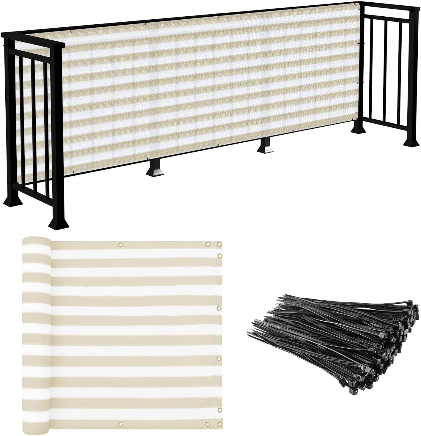 E&K Sunrise 3' x 82' Balcony Privacy Fence Screen Cover with Zip Ties Outdoor Screen Fence UV Protection for Deck Patio Backyard Apartment Pool Porch (Beige White Strip)