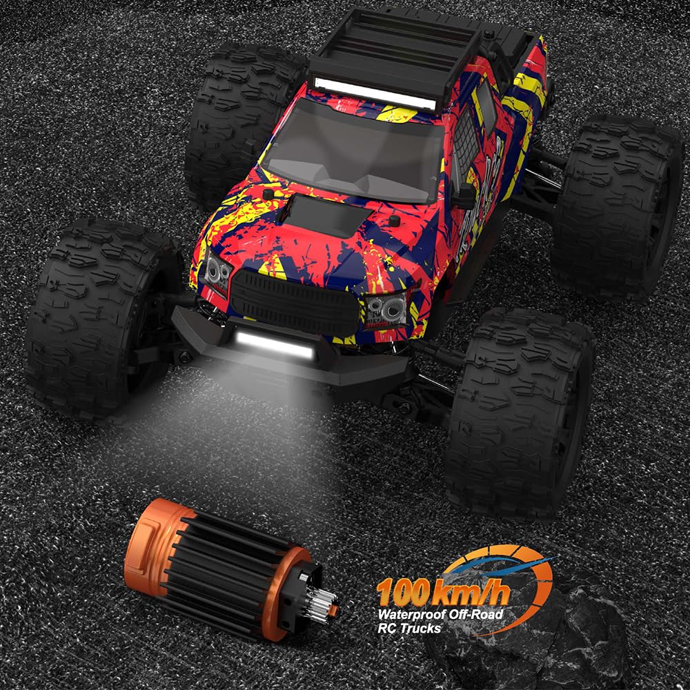 X-Verse 1:14 100 KM/H Macchina Telecomandata Professionale, 4WD Impermeabile Auto Telecomando Motore Brushless, 2,4 GHz All Terrain Offroad RC Truck Truggy per adulti-3 batterie (Giallo)