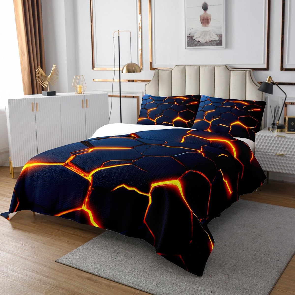 Feelyou Honeycomb Print Bedspread Fire Hexagonal Bedspread for Kids Boys Girls Beehive Geometrical Coverlet Set Simplistic Quilted Bedroom Collection 2Pcs Twin Size