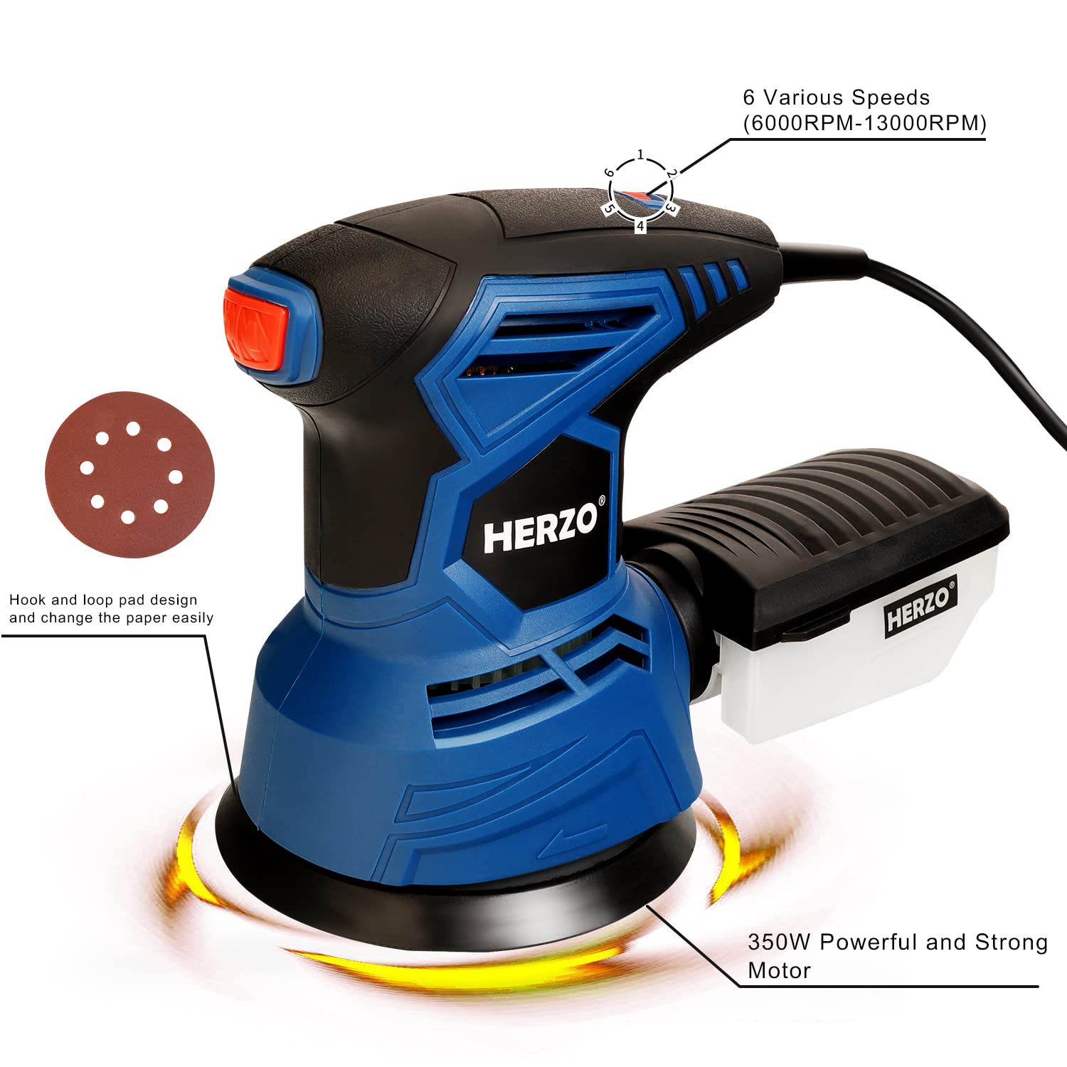 HERZO Levigatrice Orbitale 300W 125mm, 6 Velocità Regolabili, 13.000 giri/min, con Scatola Raccoglipolvere e 10 Dischi Abrasivi per Legno, Metallo e Vernice