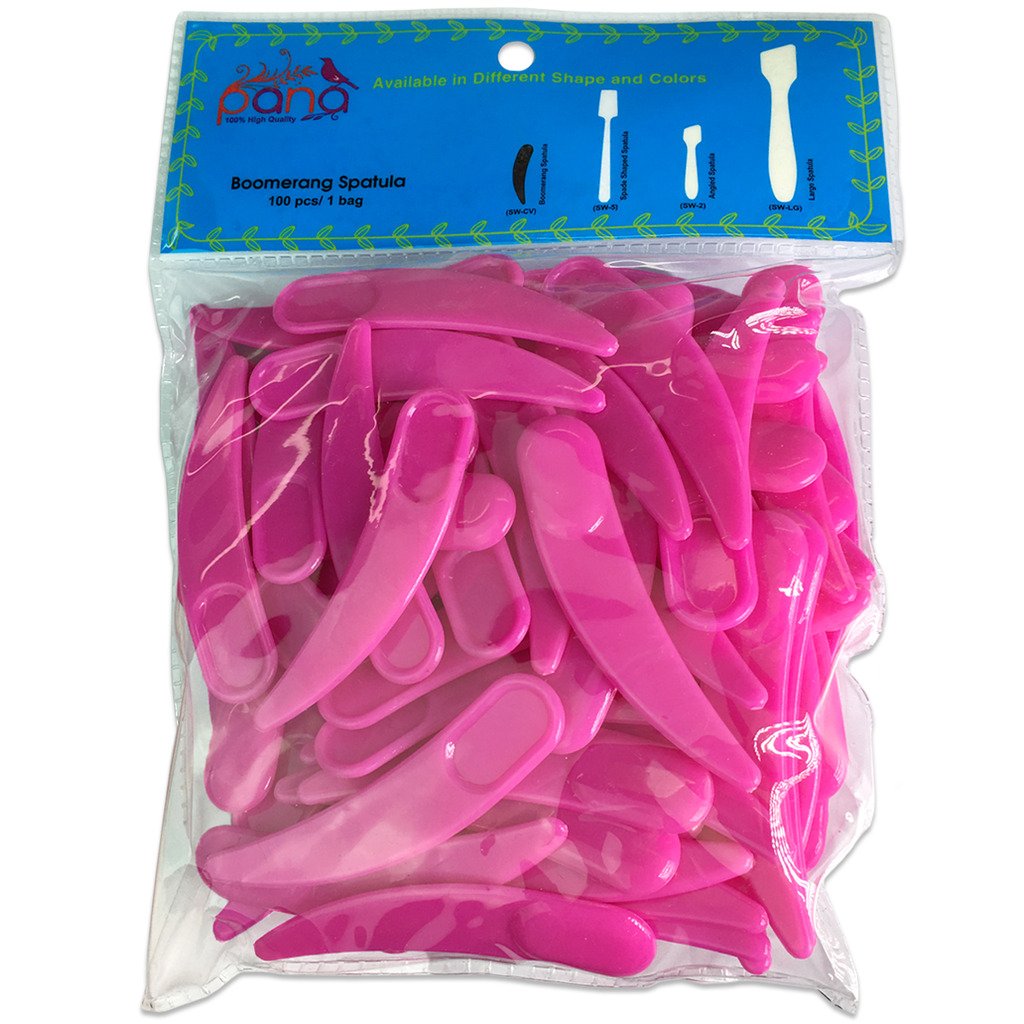 PANA Curved Boomerang Disposable Plastic Cosmetic Spatula for Mixing and Sampling Makeup, Skincare, Creams, Lotions, and Masks (Pink, 10 Packs)