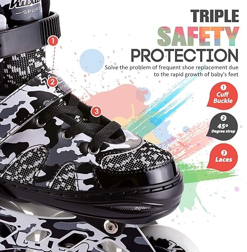 Miniatura 5 de Kuxuan Patines en línea ajustables para niños con ruedas iluminadas, divertidos patines iluminadores para niños, niñas y jóvenes Negro