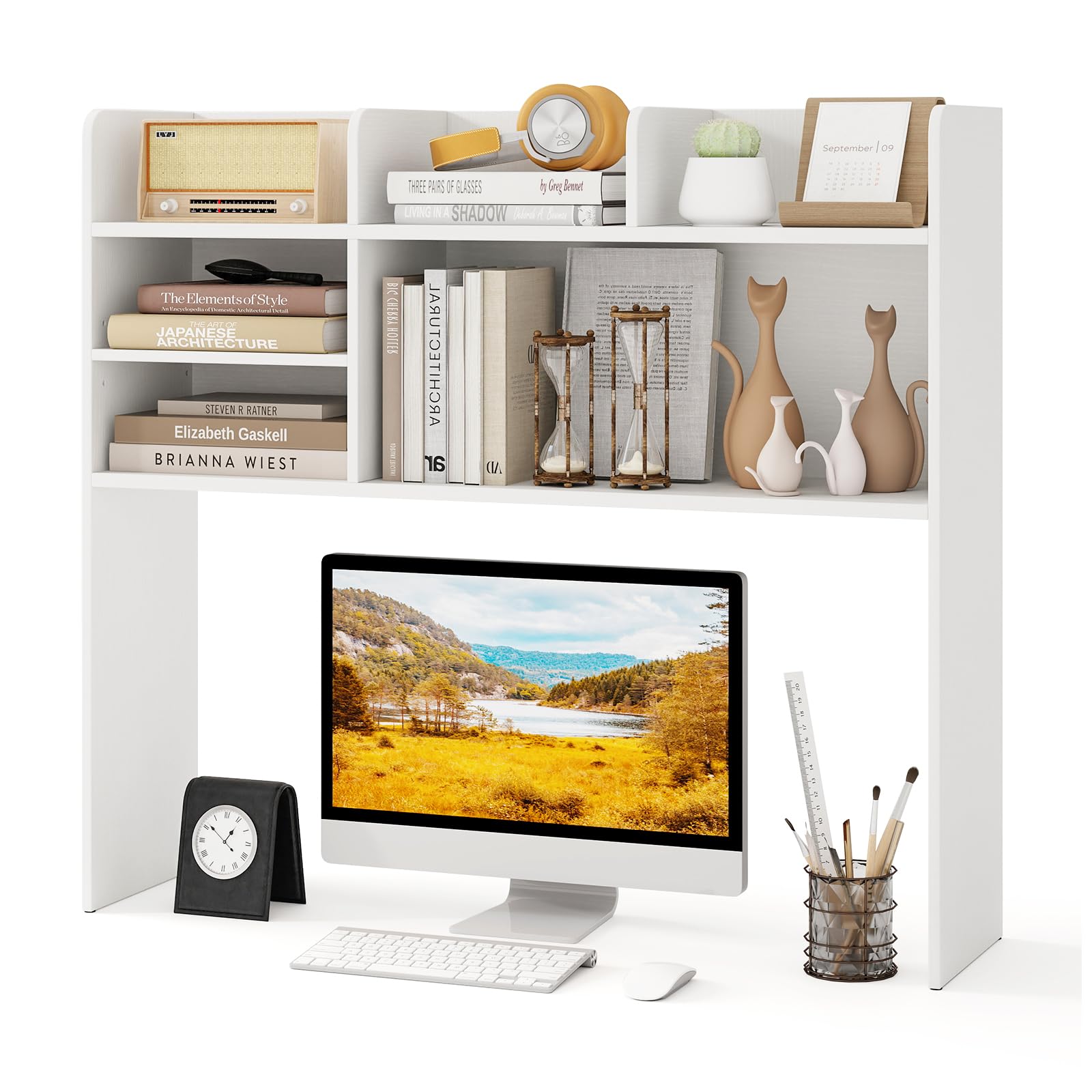 HOMASIS Scaffale da Scrivania a 3 Livelli, Libreria da Scrivania con Ripiani Regolabili in Altezza, Organizzatore da Tavolo per Ufficio e Studio, 94 x 24 x 85 cm (Bianco)