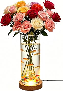 Glass Vases Centerpieces Lighted Vase with LED Wooden Base, 7.9 Inch