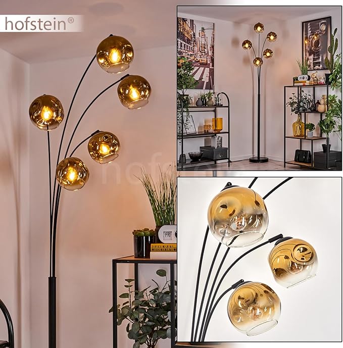 hofstein Vloerlamp Ripoll, staande lamp van metaal/glas in zwart/goud/helder, lamp in modern retro/vintage design met kap van glas (Ø 15 cm) en voetschakelaar, hoogte 210 cm, 5 x E14, zonder lamp photo 2