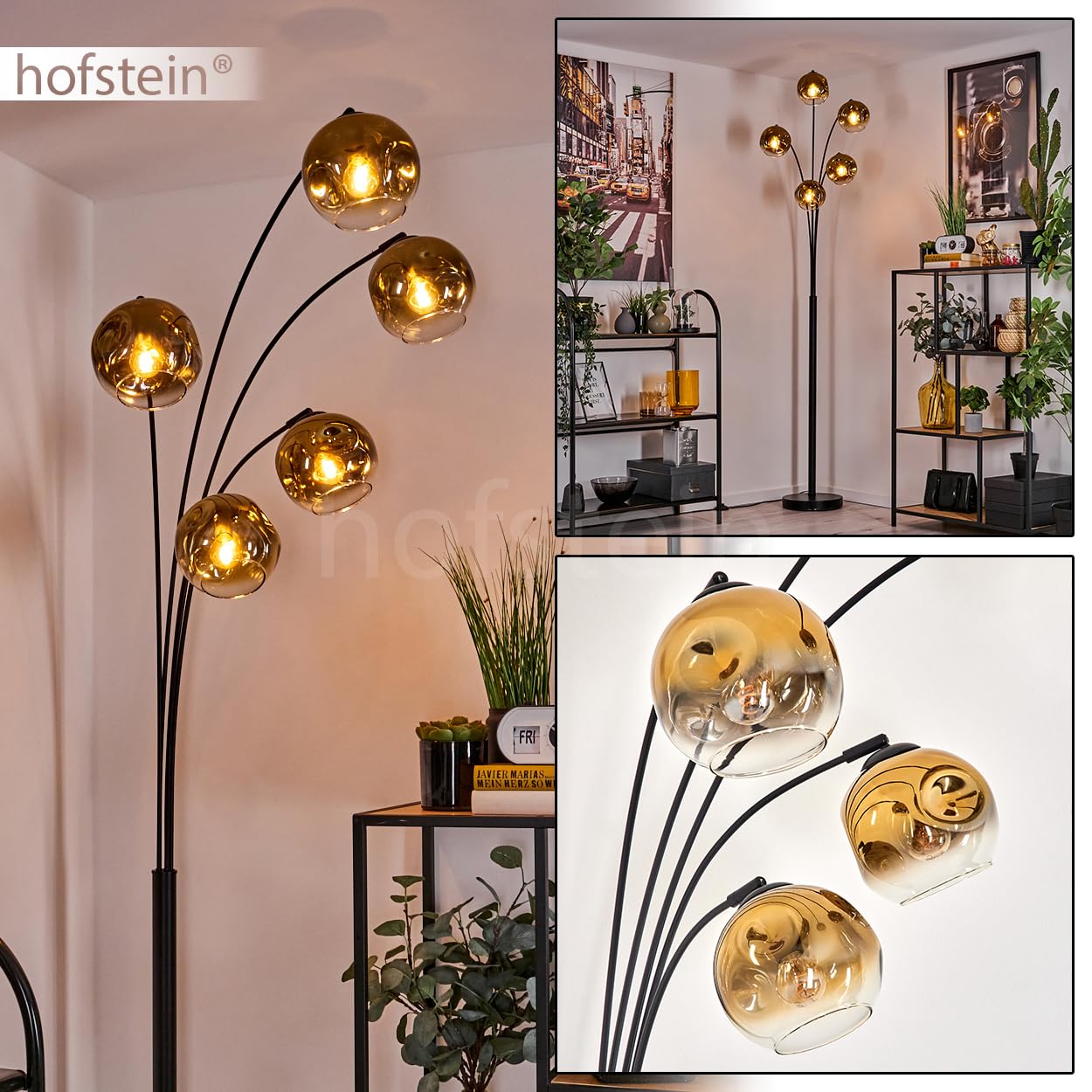 HOFSTEIN Stehleuchte Ripoll, moderne Stehlampe aus Metall/Glas in Schwarz/Goldfarben/Klar, Leuchte im Retro/Vintage-Design, Ø Schirme 15 cm, Fußschalter, 5 x E14, Wohnzimmer, Schlafzimmer, Büro