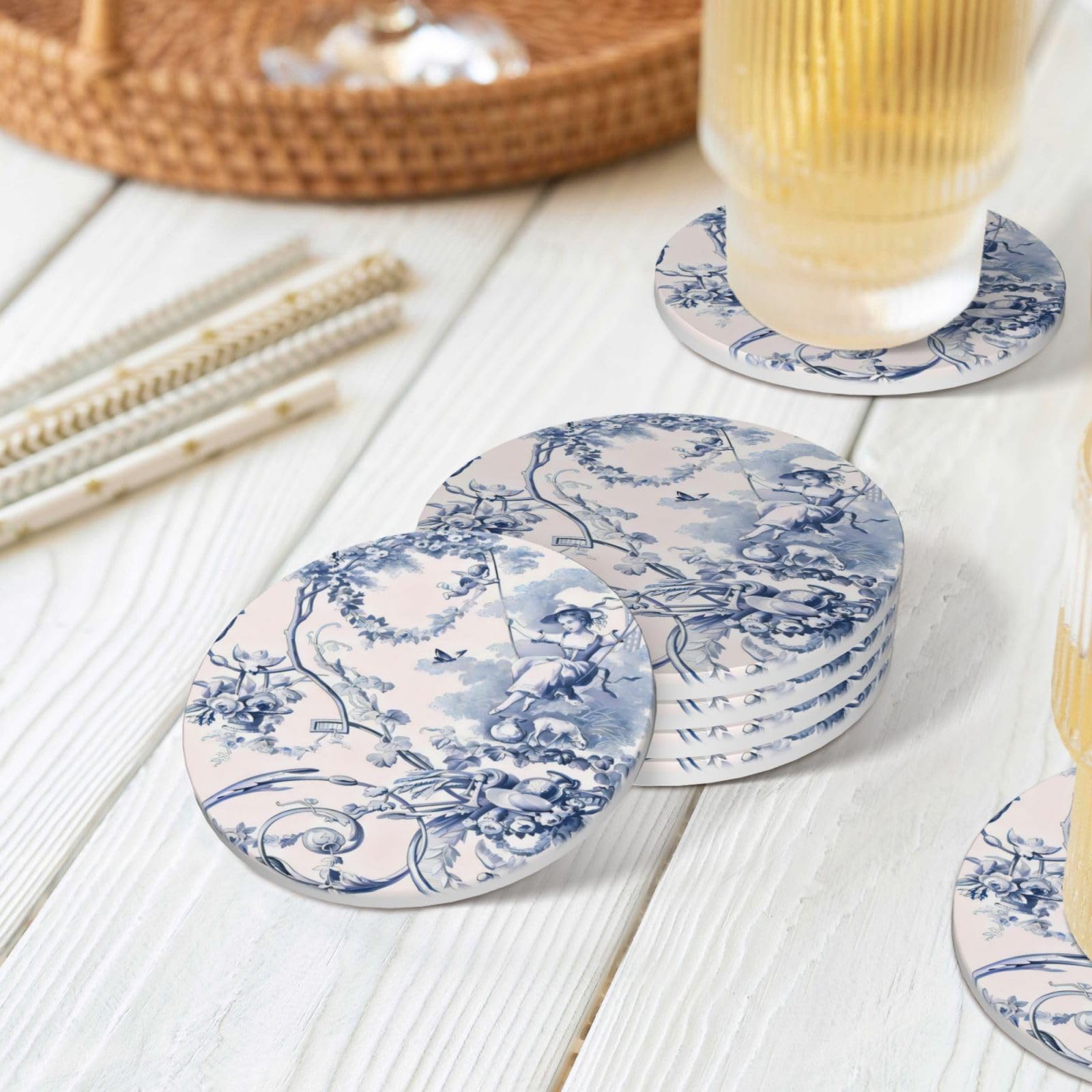 Lukiyys Blue French Country Toile Pattern Ceramic Coaster Set of 4 for Drinks, Absorbent Ceramic Stone Coaster Set, Cork Base,Cups Place Mats for Home Decor Round Shape