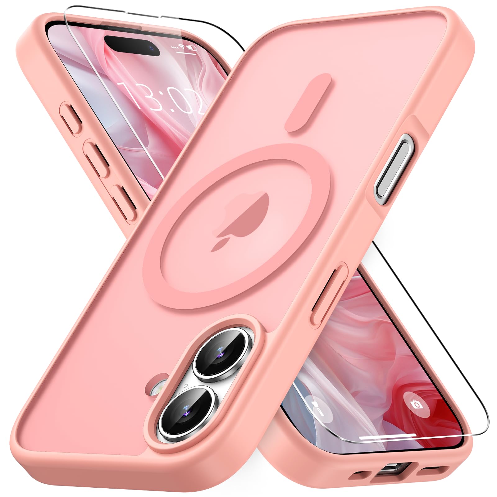 Vansdon Cover Magnetica per iPhone 16 con 1 Pezzi Vetro Temperato, Compatibile con Magsafe, Protezione anticaduta di livello militare, Custodia Traslucida Opaca Sottile Antiurto-Rosa