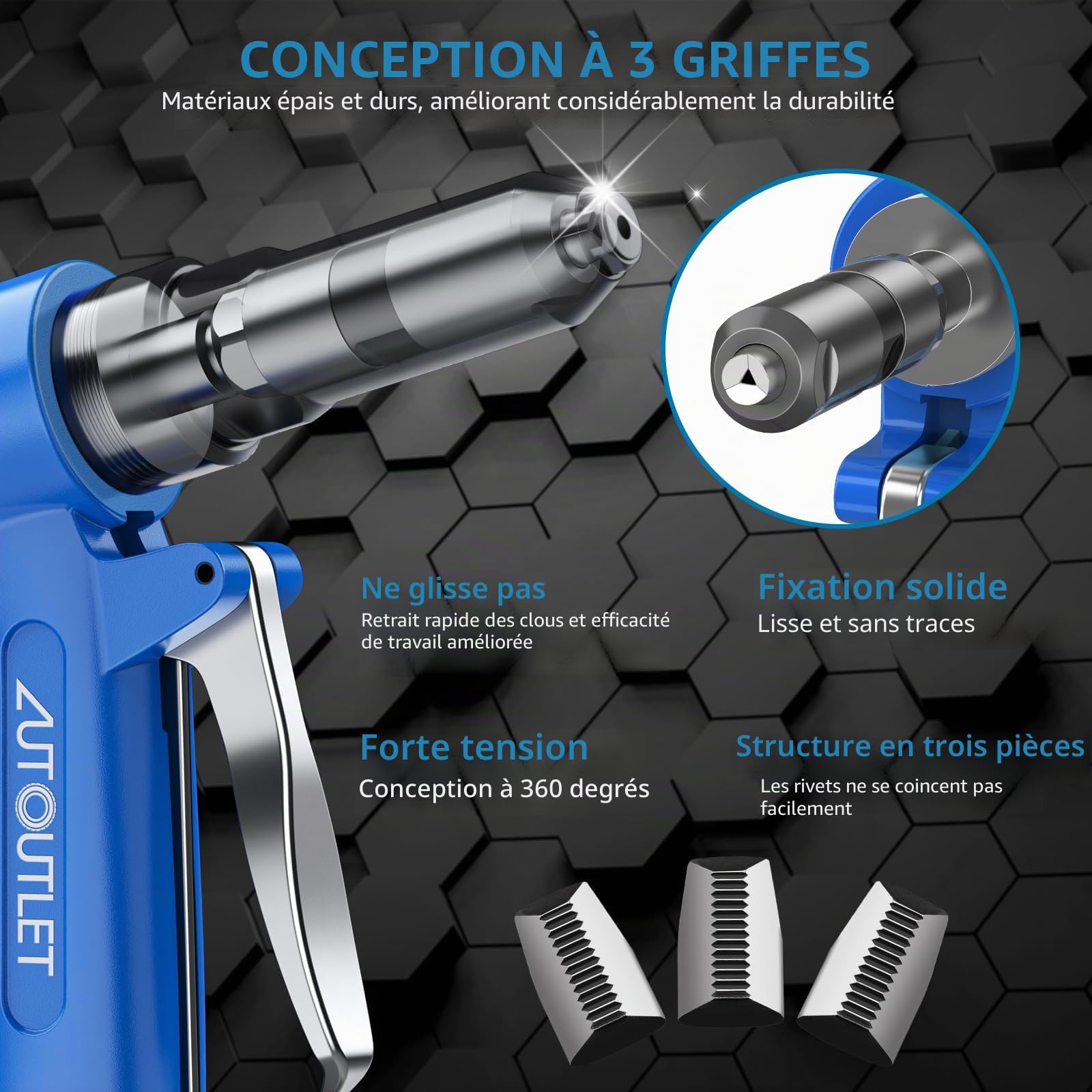 AUTOUTLET Pistolet à riveter pneumatique, 3/32", 1/8", 5/32", 3/16", 1/4", pression de traction 1780KGF, idéal pour la maison, la décoration, l'industrie