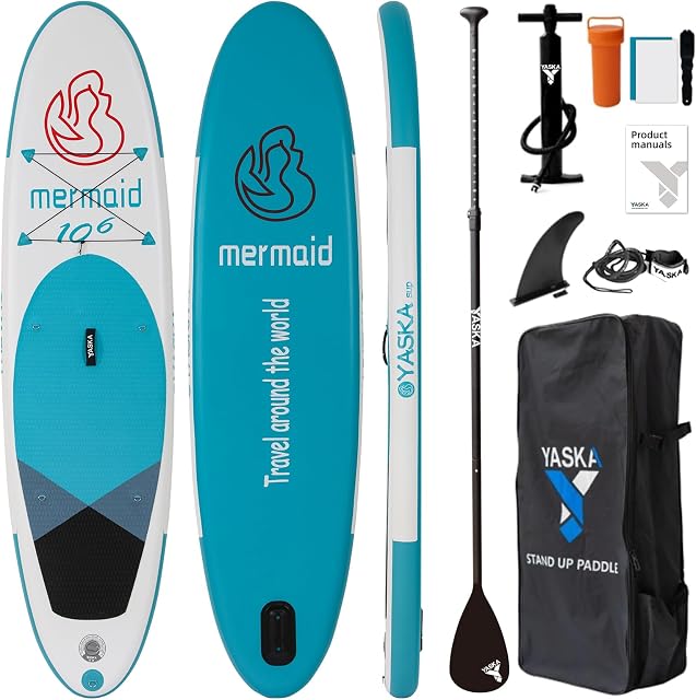 YASKA Nadmuchiwana deska SUP Paddling Board, ziarno z drewna, 320 x 81 x 15 cm, nośność 180 kg, w zestawie plecak, wiosło, pompka, leash, wodoszczelny worek do pakowania,