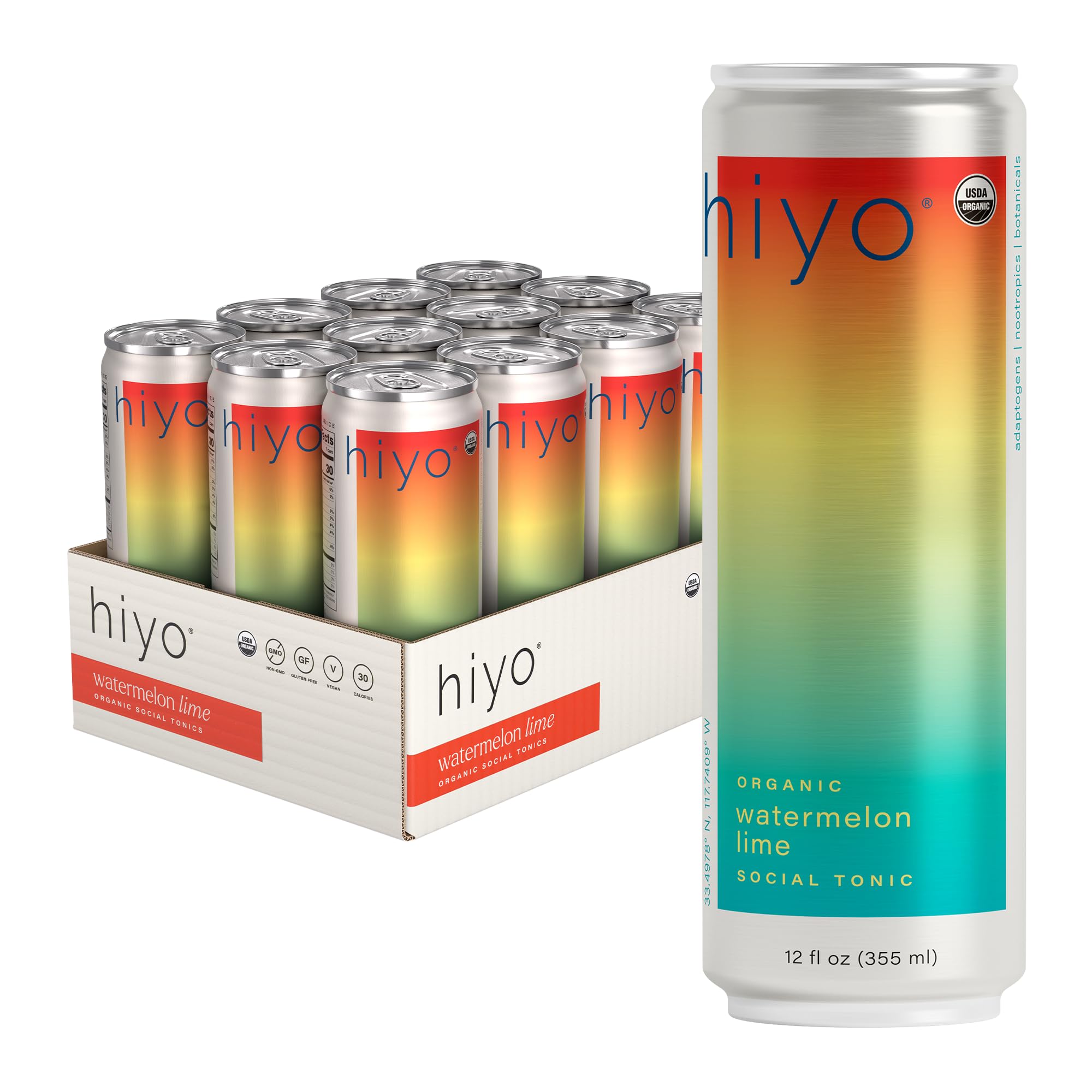 Hiyo Organic Social Tonic - Watermelon Lime, 12 Pack - N.A. Functional Seltzer, Sparkling Water Crafted with Organic Adaptogens, Nootropics & Botanicals