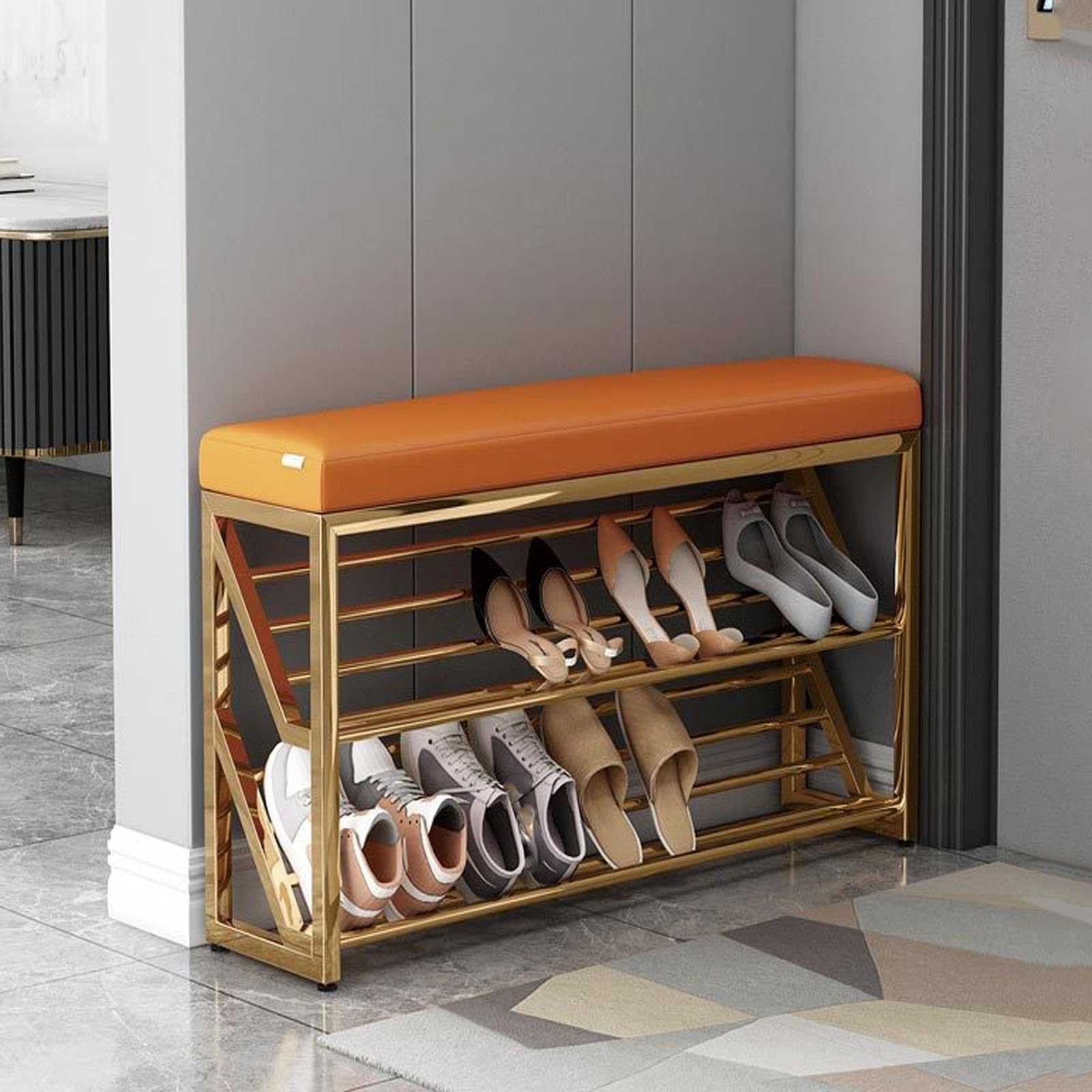 GYEQXKT 2-Tier Shoe Bench with Padded Cushion Small Entryway Storage Metal Leg Stool for Hallway Mudroom and Entryway 120cm (60cm) – Stylish Shoe Rack