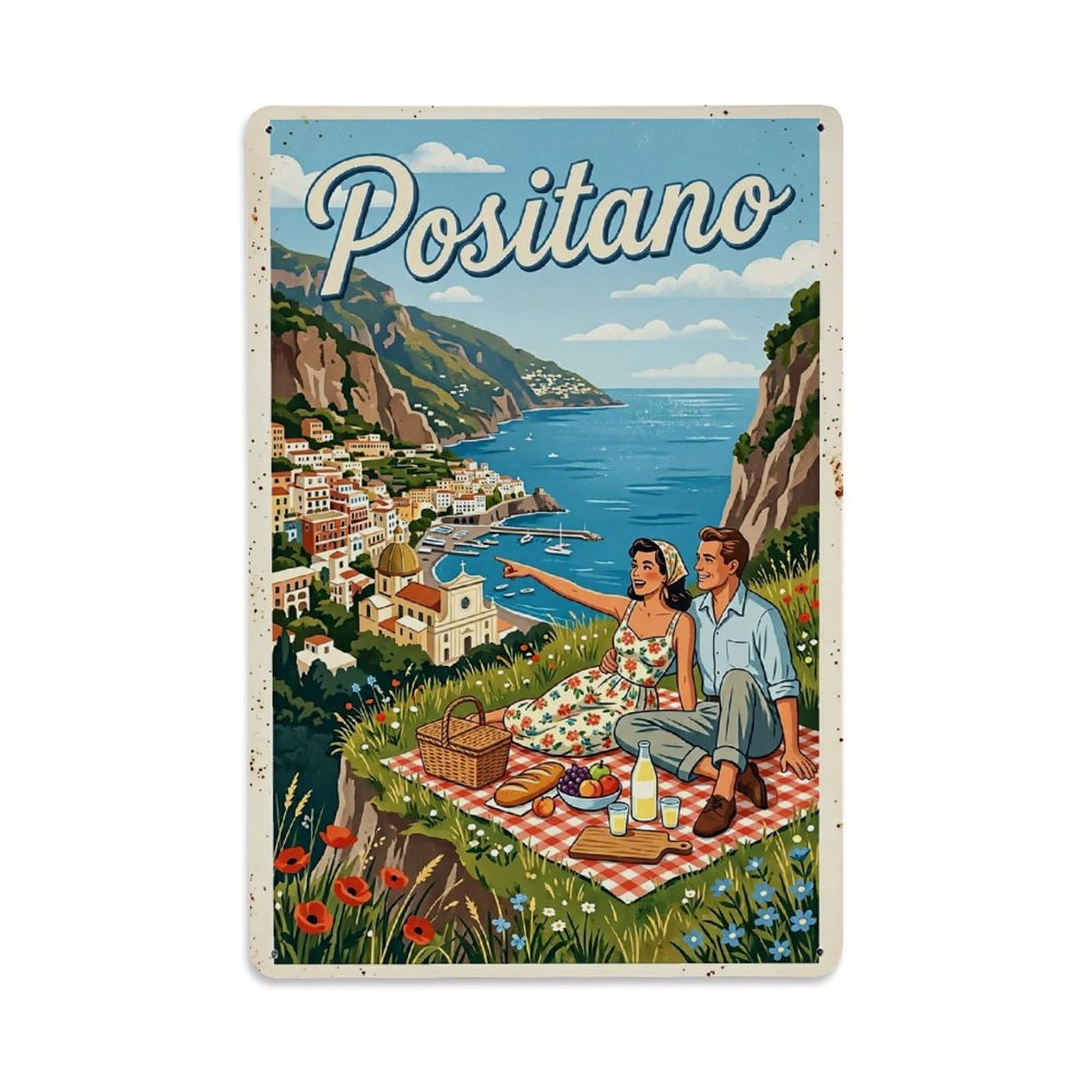 Huiyhb 8X12inch(20X30cm) Vintage Travel Positano Italy Picnic Cliff Ledge Metal Tin Sign