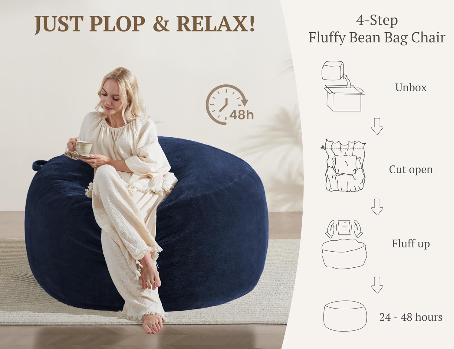 WSOFRLAC 4FT Bean Bag Chair, Soft Bean Bags Chairs for Adults, Giant Memory Foam Filled Beanbag with Washable Cover, Plush Lazy Sofa with Pocket Handle Zipper for Living Room Bedroom Dorm, Navy Blue
