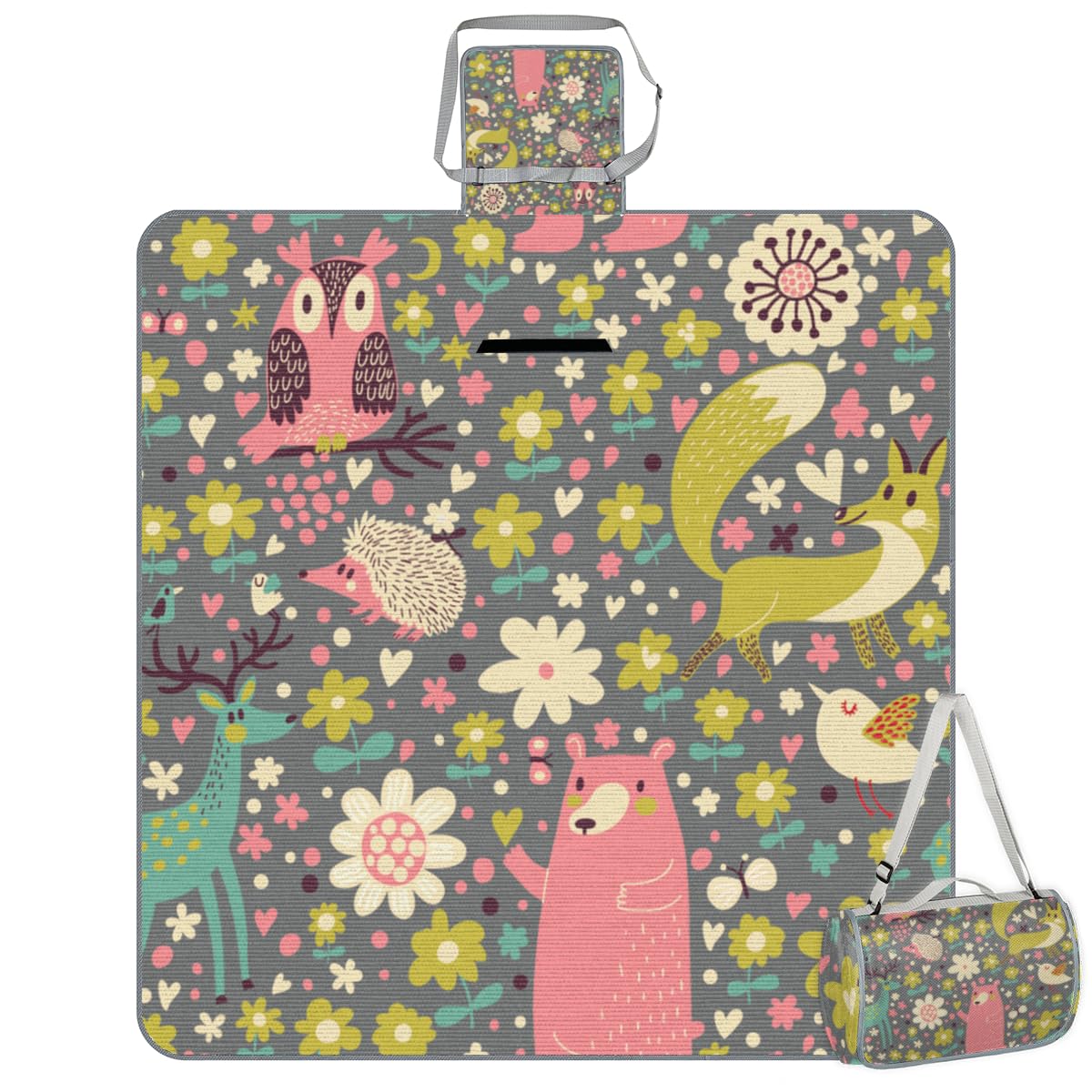 Shimoshe Picnic Blankets 57”x 59”, Fox Bear Hedgehog Bird Owl Flower Waterproof Sandproof Picnic Mat Lightweight Foldable Beach Blanket for Camping Park Grass Beach Outdoor Blanket