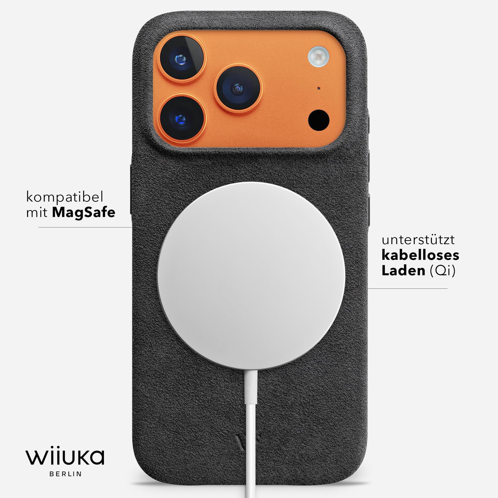 WIIUKA Funda para iPhone 17 Pro Max, original de Alcantara, hecha a mano, protección de 360°, extrafina, de primera calidad, funda para teléfono móvil Qi, alternativa de piel, skiin VL Alcantara