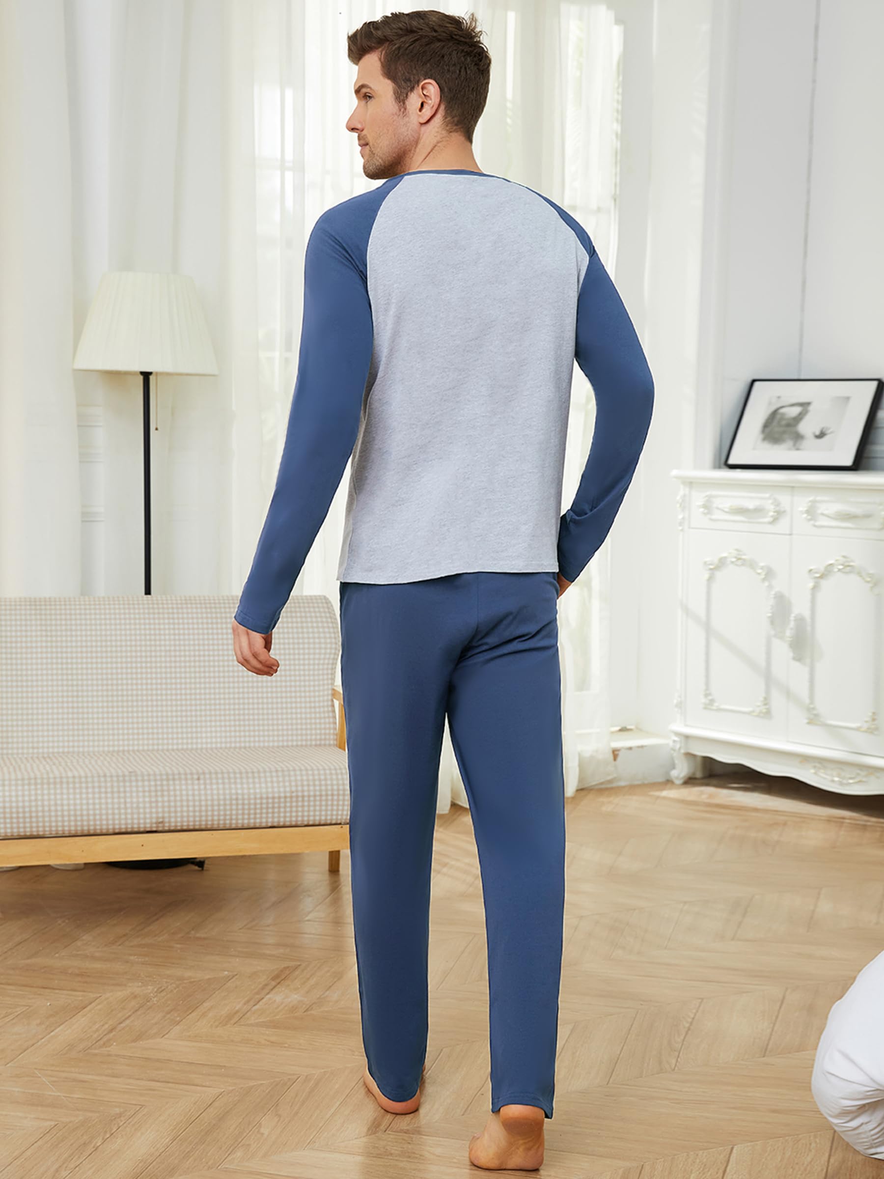 Reliwel Pigiama Uomo Cotone Leggero Pigiama Uomo Cotone Lungo Colori Contrastanti Girocollo a Maniche Lunghe e Pantaloni Due Pezzi Leggero Morbido