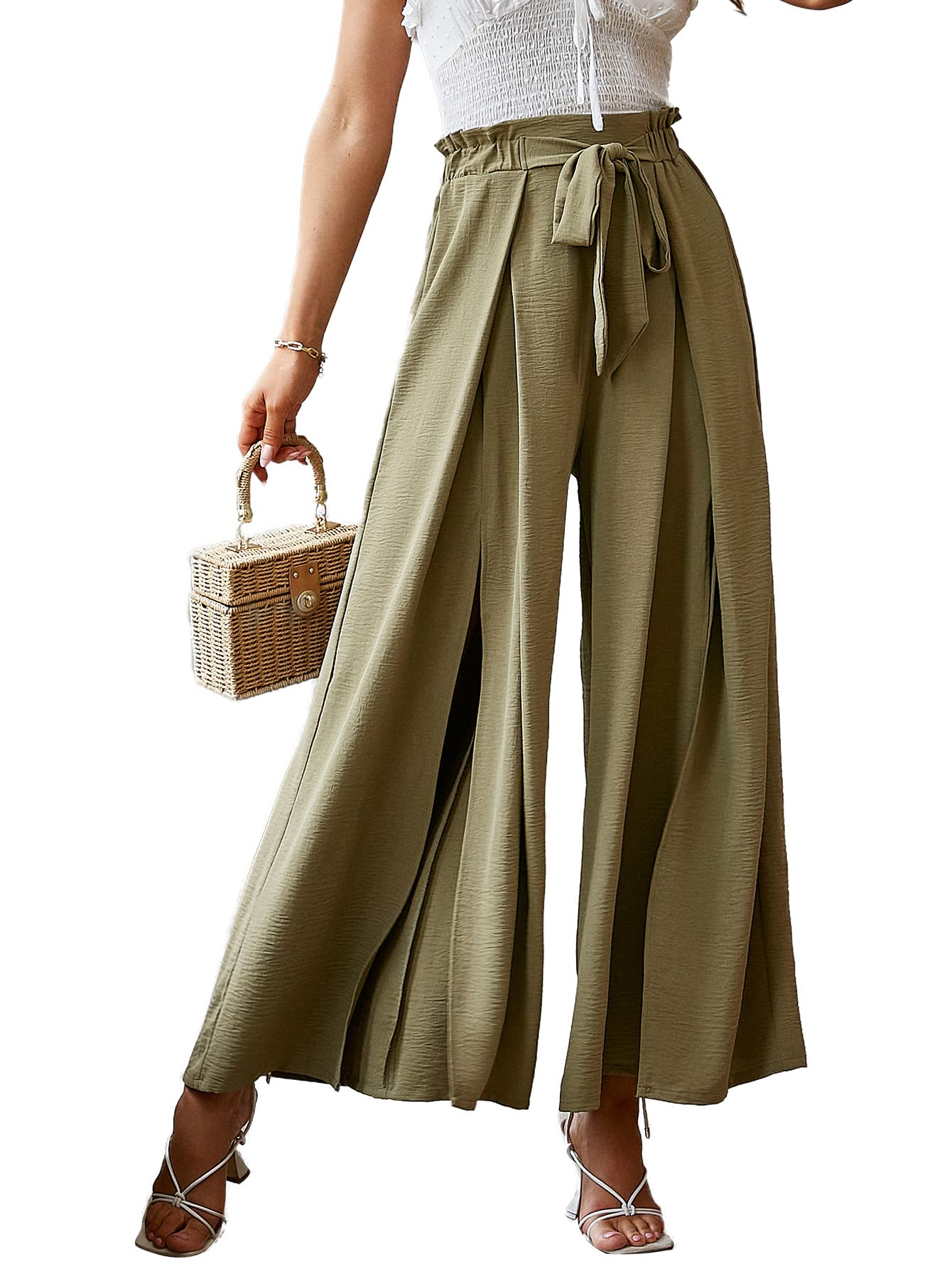 BerryGo Women's Boho Linen High Waist Pants Split Flowy Stripe Wide Leg Pant