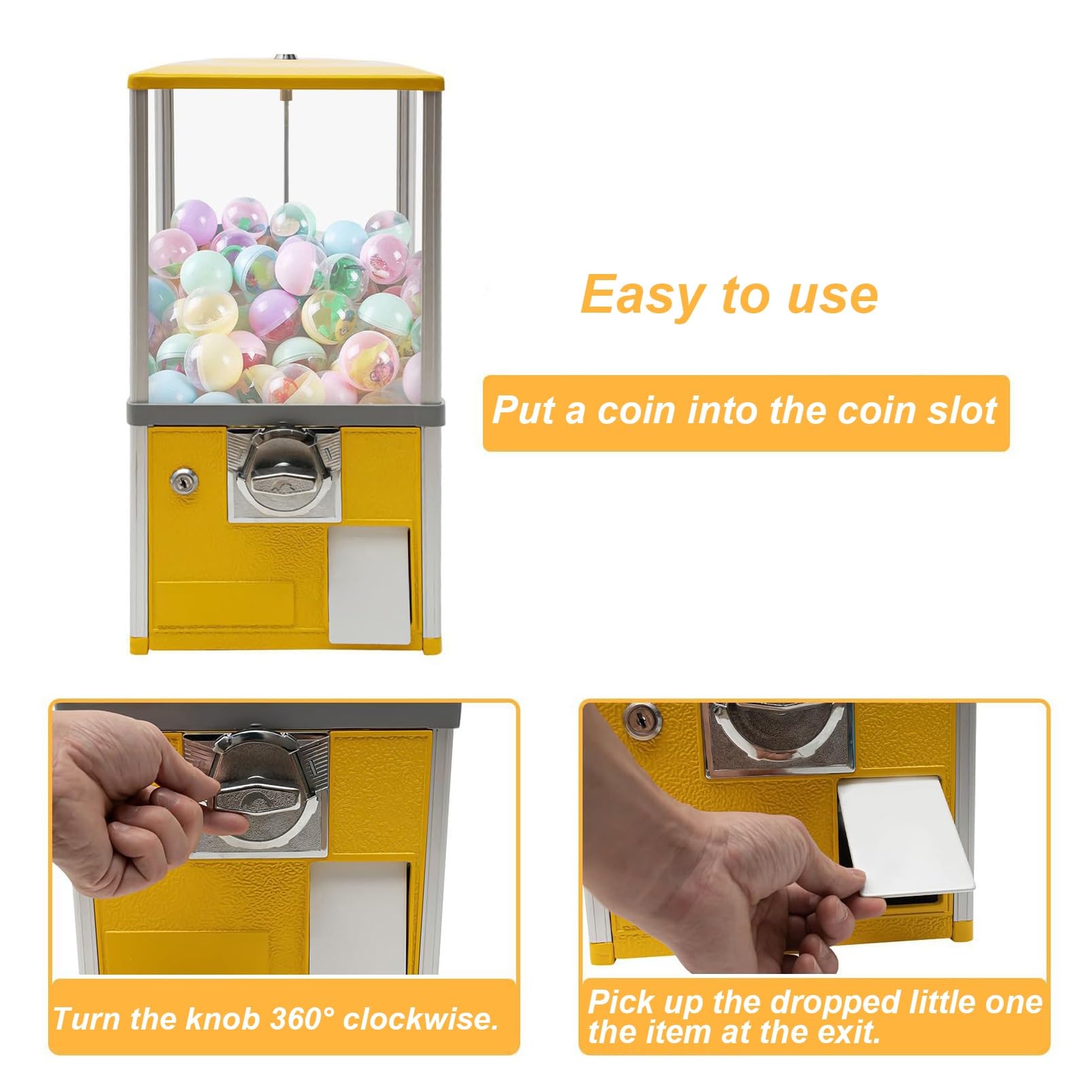 Verkaufsautomat mit Münzeinwurf,Kommerzielle Süßigkeiten Gumball Maschine,Kapselautomat mit Schlössern,Kommerzieller Kaugummiautomat für Süßigkeiten,für Runde Kapseln, Gummibälle(Yellow,1 EUR/One Time