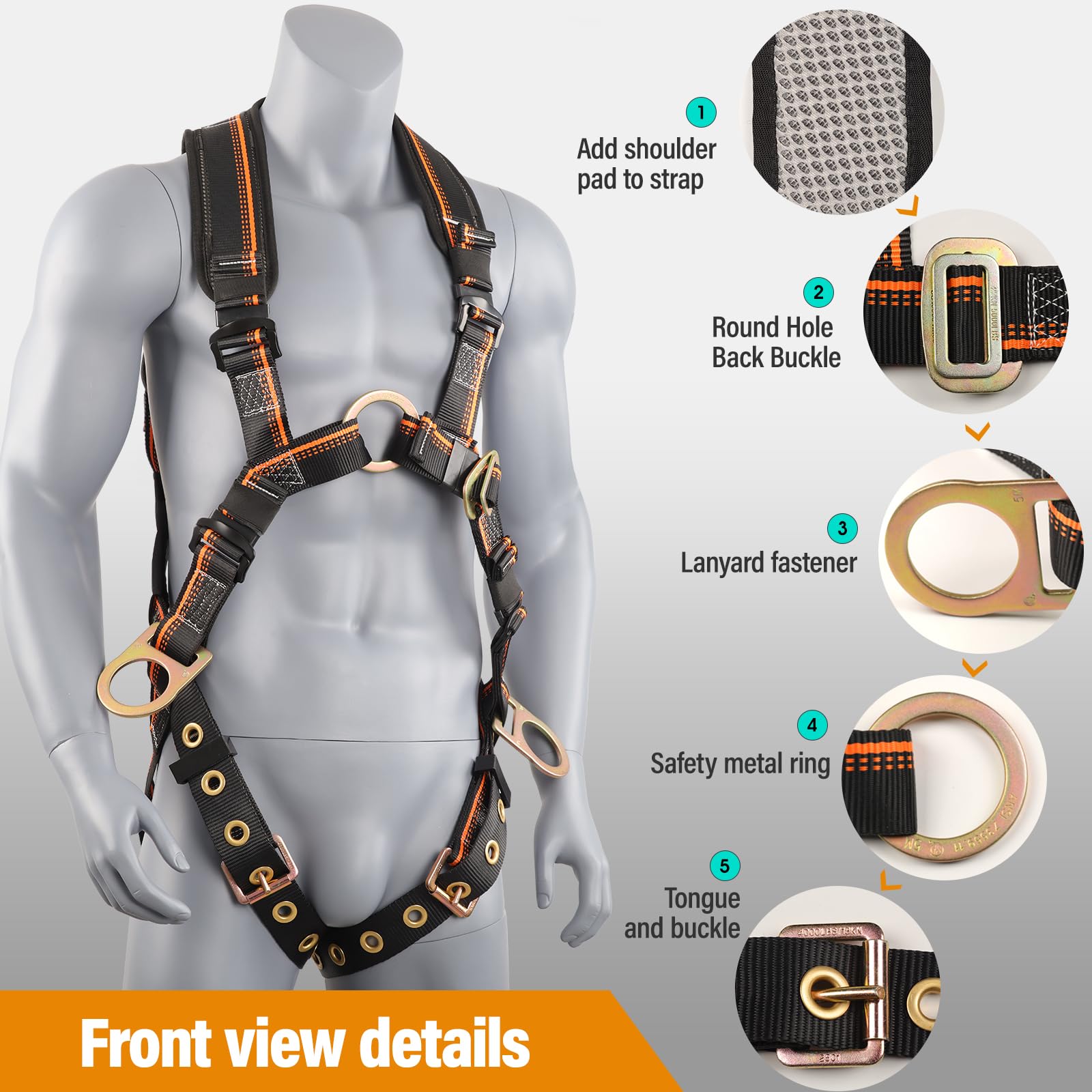 Full Body Safety Harness & Fall Protection Kit with Padded Straps, ANSI Compliant, Includes Shock-Absorbing Lanyard for Roofing, Construction and Industrial Use — Amazon image 2