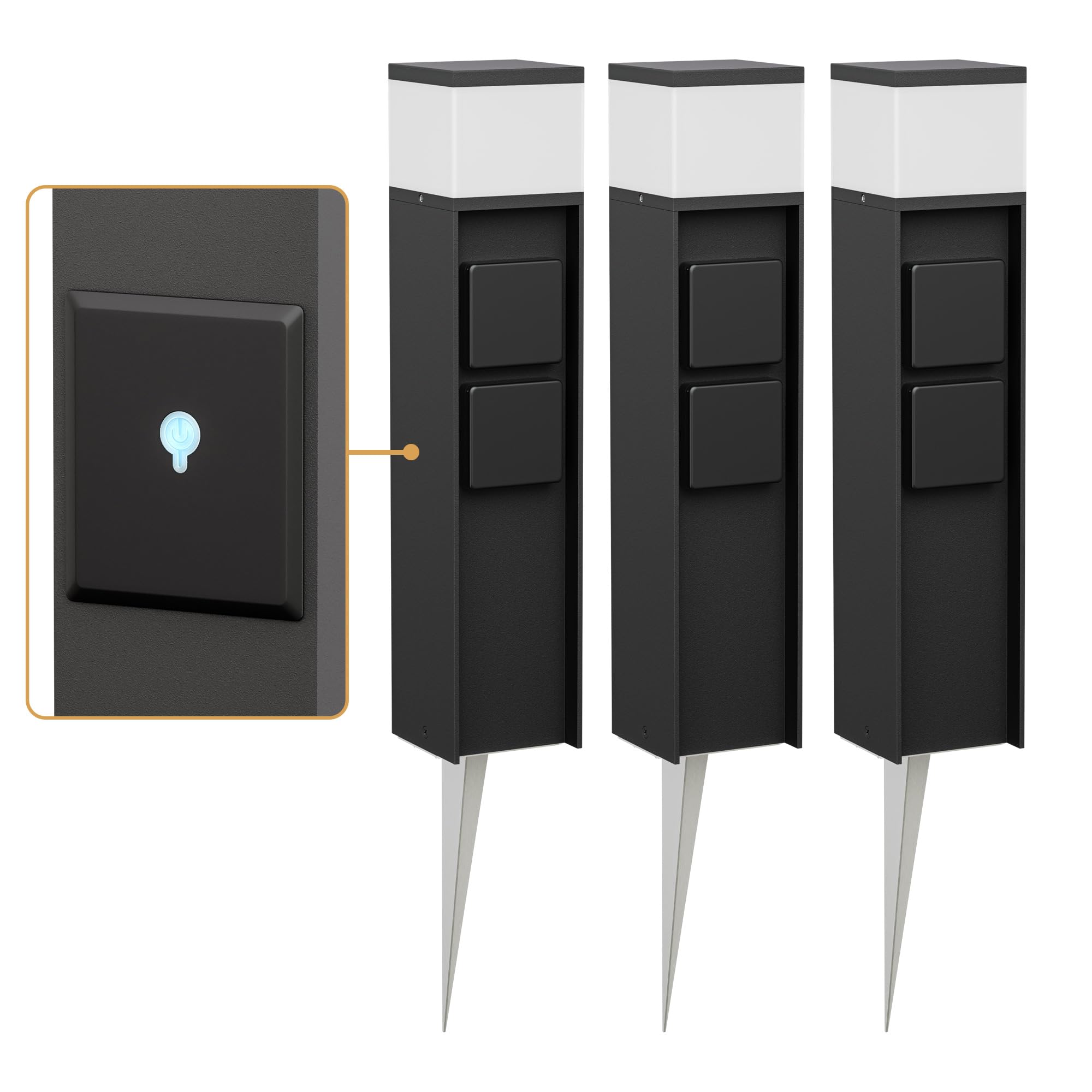 ledscom.de 3 Stück Pollerleuchte PODEL mit Erdspieß für außen, Smart Home, 39cm, schwarz, 2 Steckdosen, inkl. G9 Leuchtmittel, 501lm, warmweiß