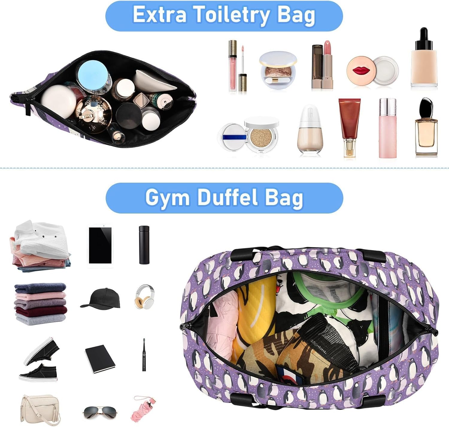 Purple Penguins Sports Gym Bag with Waterproof Dry Wet Pocket, Travel Duffel Bag for Women Men，Workout Bag Fits Yoga, Swimming