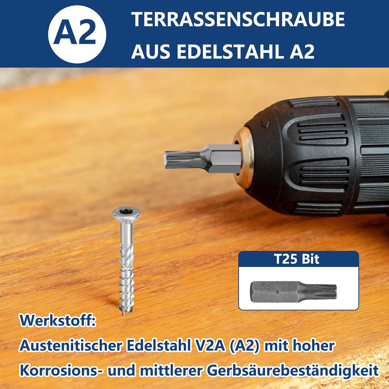 TCO Tornillos para terraza de acero inoxidable A2, 5,0 x 60 mm, 500 unidades, incluye S2 Bit, TX 25, cabeza avellanada, diente de sierra, punta de corte, tornillos para terrazas para exteriores