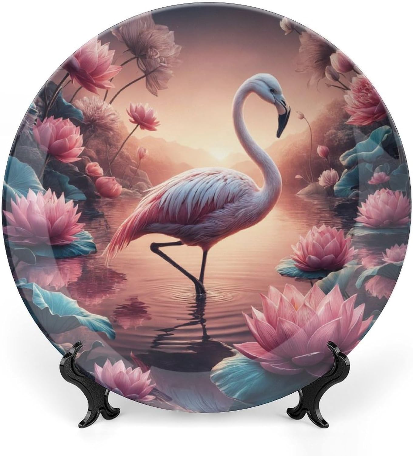 Beautiful Flamingo Standing in The Water Decorative Plates for Home Party, Fantasy Pink Lotus Decor Tray for Table Display, Ceramic Dinner Plate W/Stand, Summer Party Supplies, 8 Inch