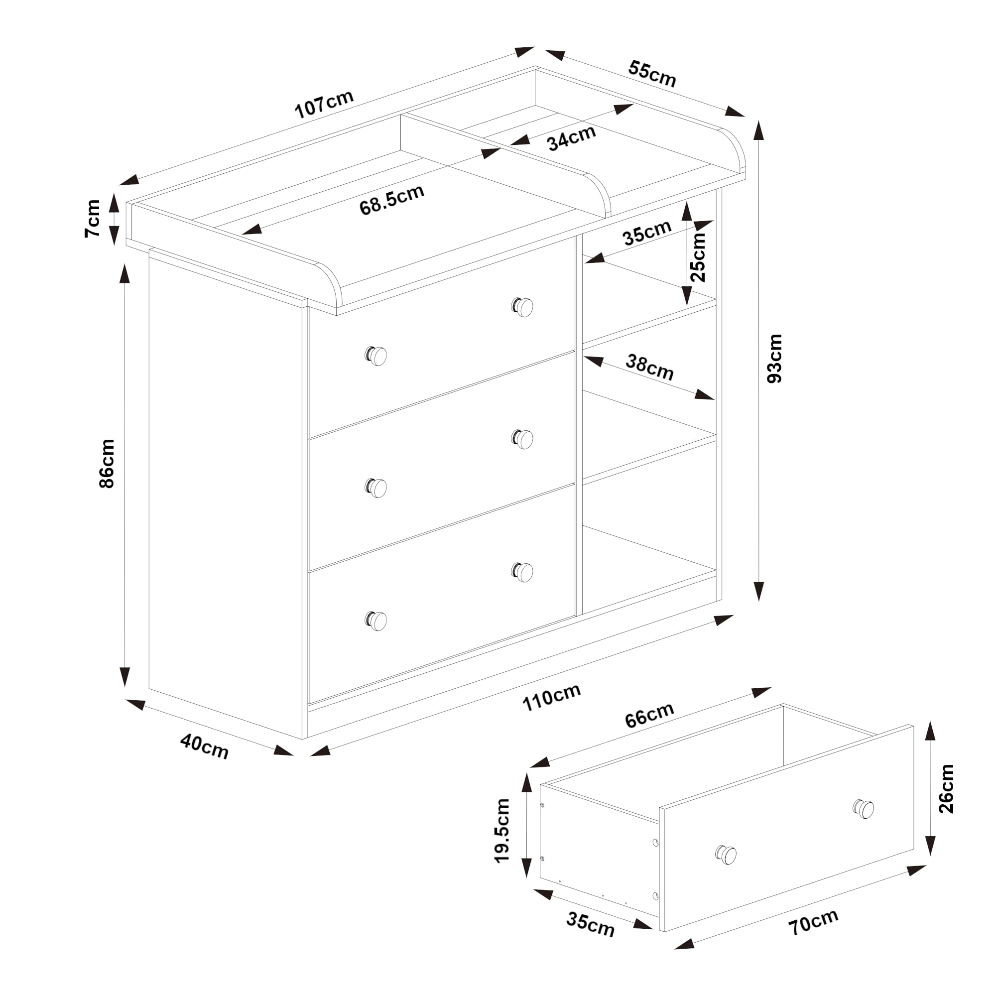 [en.casa] Mueble Cambiador Bebé Beldinupp 2 en 1 Cómoda con Cambiador Bebé con 3 Cajones y 3 Compartimentos Abiertos Moderno 93 x 110 x 55 cm - Efecto roble/Gris