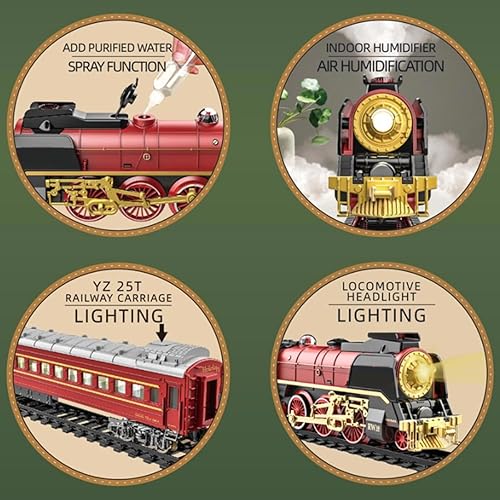 Miniatura 3 de Juego de tren vintage, tren a control remoto con luz, vapor y humo, modelo de locomotora eléctrica de árbol de Navidad con pista ovalada y carro