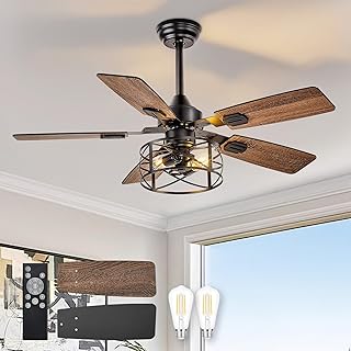 Farmhouse Ceiling Fans with Lights: 42 Inch Rustic Caged Fandelier Ceili...