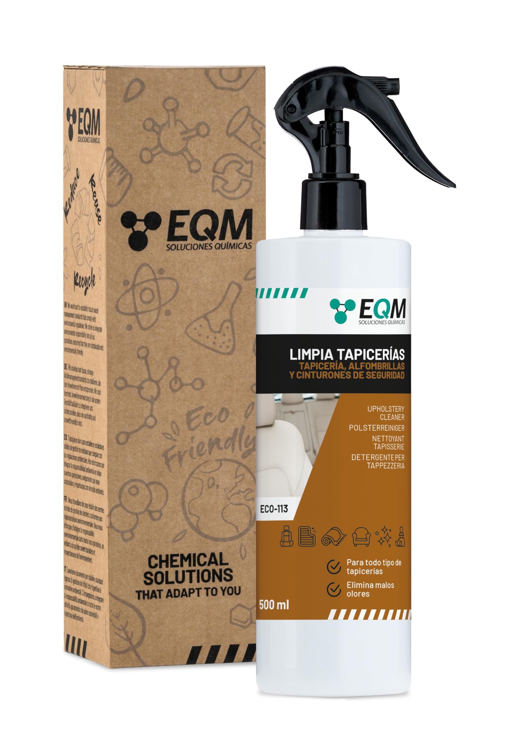 EQM - ECO-113 - Limpia Tapicerías Coche Profesional - 500 ML - Tela, Cuero y Alcantara - Elimina Manchas y Malos olores - Ideal para alfombras, tapicerías, moquetas, Cinturones de Seguridad