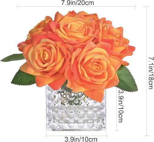 Miniatura 8 de Fule - Arreglo de centro de mesa de rosas artificiales de seda en jarrón de vidrio con luz LED para decoración del hogar y boda (naranja)