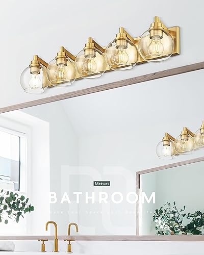 Miniatura 4 de VL195-BG-CL-5 - Lámpara de tocador de baño de 5 luces de oro cepillado, apliques de pared modernos de 32 pulgadas con pantalla de vidrio