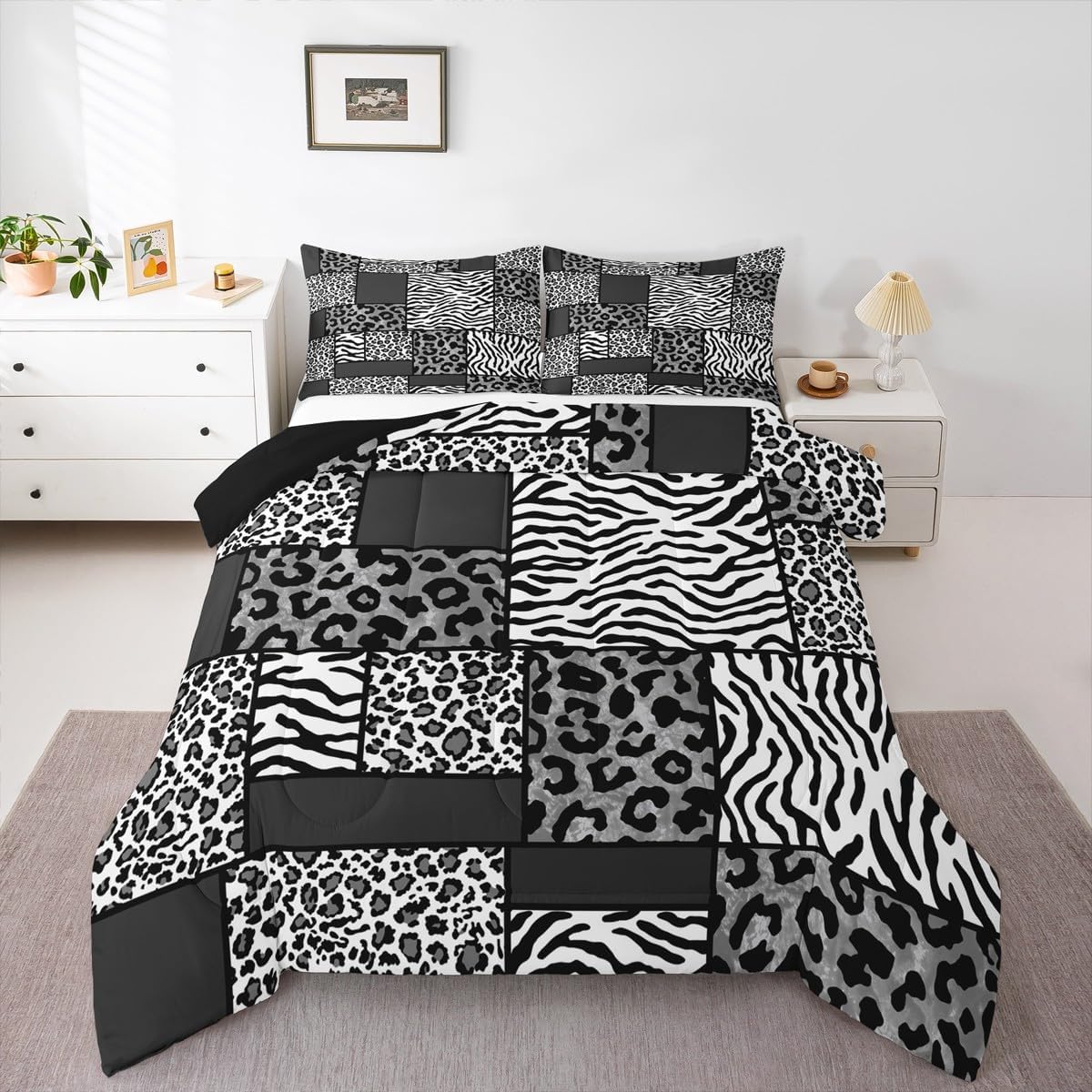 Zebra Print Comforter Set King Animal Print Bedding Set Black White Grey Bedding Comforter Sets Cheetah Leopard Duvet Sets, Gray Buffalo Plaid Quilted Comforter Wildlife Fur Patchwork Decor