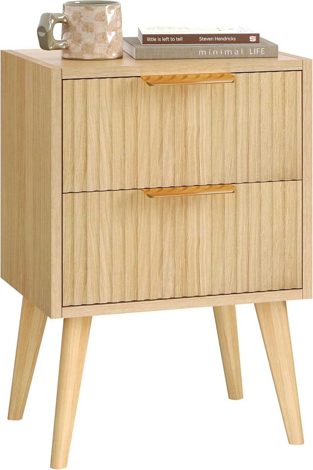 YAUKOMEL Fluted Nightstand,Small Bedside Table,Natural Wood Night Stand,Light Wood Side Table with Solid Wood Legs,End Table for Bedroom,Small Space 11.8" D x 16" W x 22.4" H Natural CTG55Y