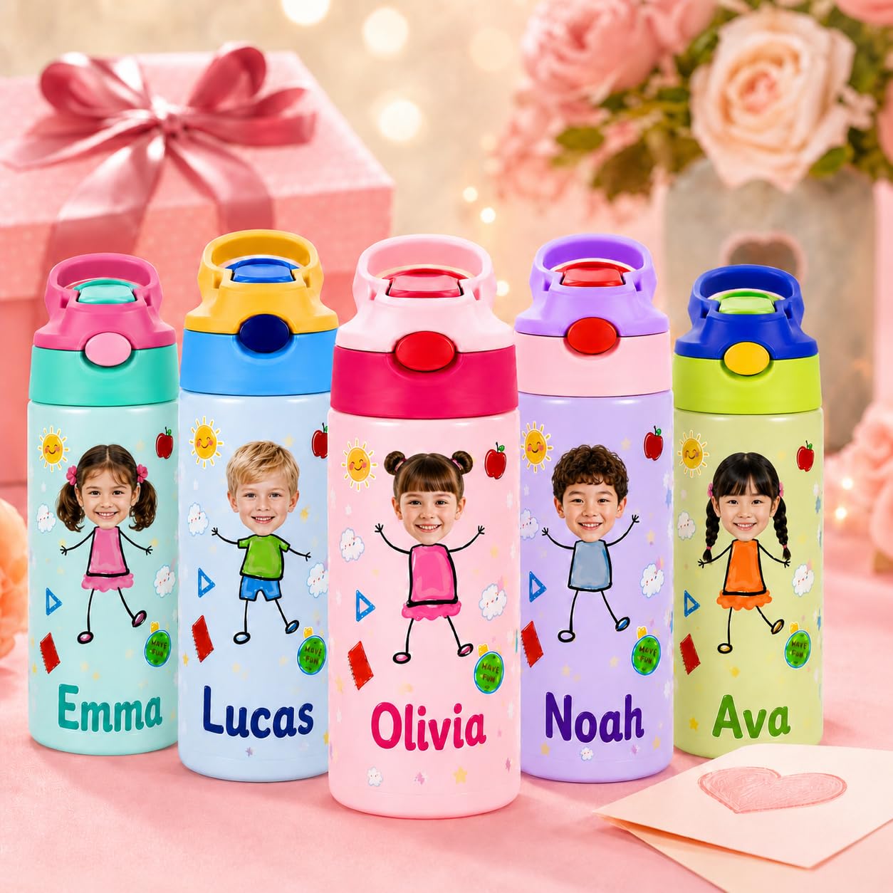 SOUFEEL Personalised Water Bottles for Kids, Custom Name Insulated Kids Water Bottle for School with Straw, Stainless Steel 350ml Reusable Non Spill Bpa Free Back to School Birthday Gift (Style-5)