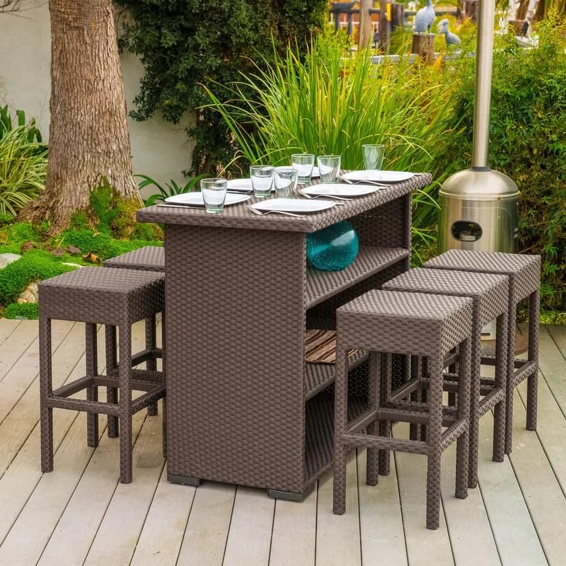 Image of OUTLIVING Patio Rattan Wicker 6 Seater Bar Set With Storage Table and 6 Bar Stools | Multipurpose Outdoor High Bar Furniture for Porch, Home, Garden, Balcony, Backyard, Poolside, and Courtyard (Brown)