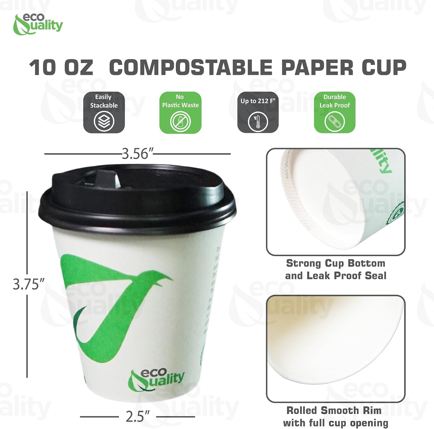 EcoQuality 10 oz Compostable Paper Cups with Black Dome Lids - Biodegradable Disposable White Paper Coffee Cups PLA Lined - Eco-friendly Hot and Cold Drinking Cups (25)