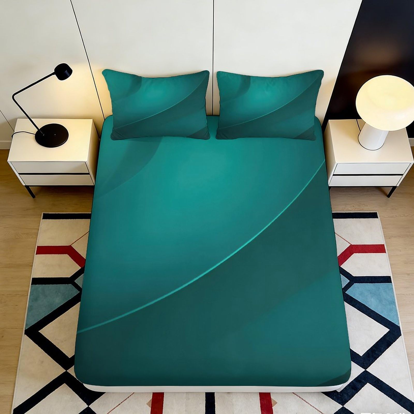 3D Printed Teal Abstract Fitted Sheet Microfiber Soft Breathable Geometric Art Bed Cover for Bedroom Guestroom Dorm Mattress Protection Decor 90x200x25cm
