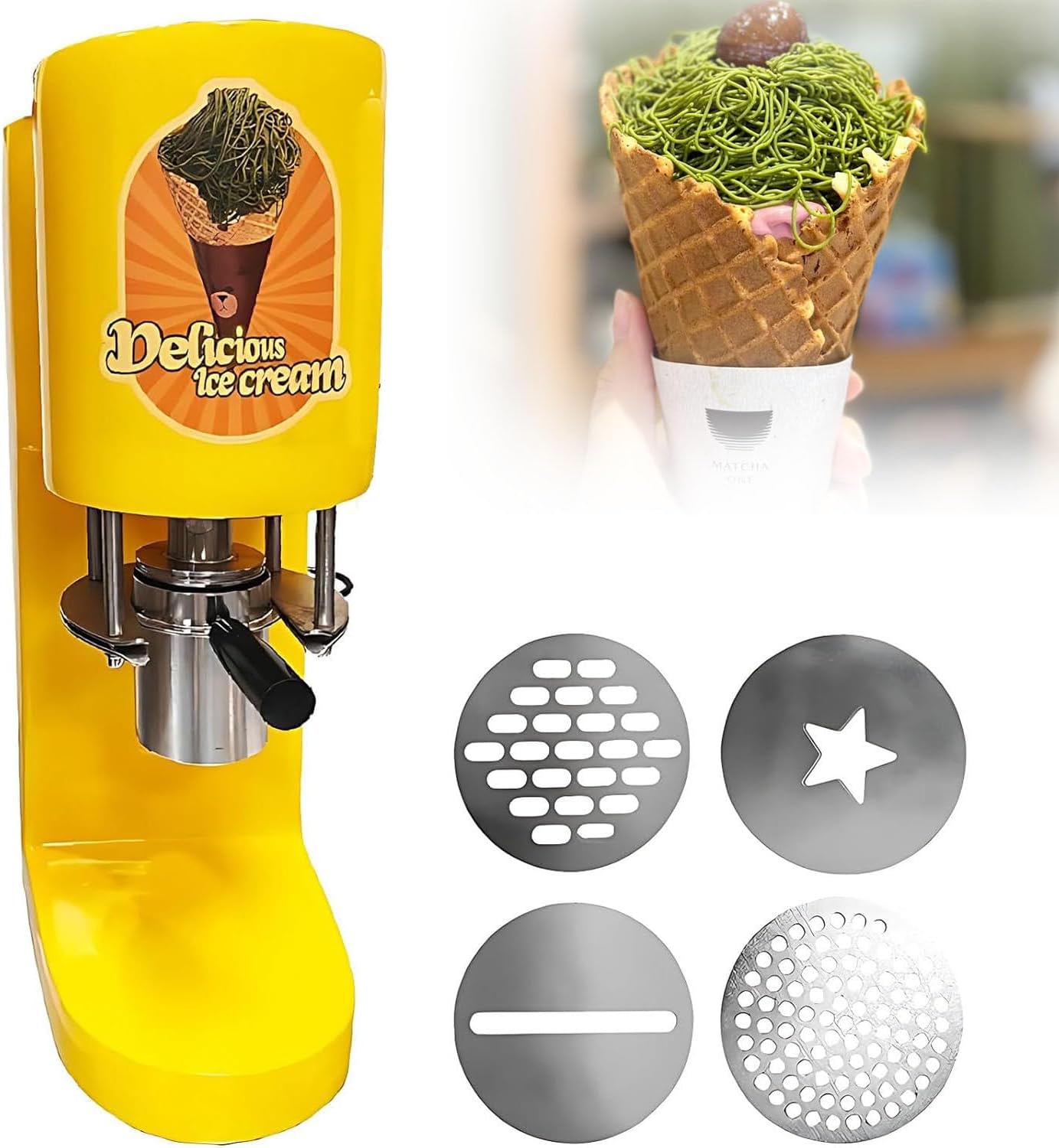 Ice Cream Machine, Ice Cream Noodle Maker, Ice Cream Forming Machine Spaghetti Gelato Maker Ice Cream Makers, 4 Interchangeable Molds, 420ml Hopper,Yellow