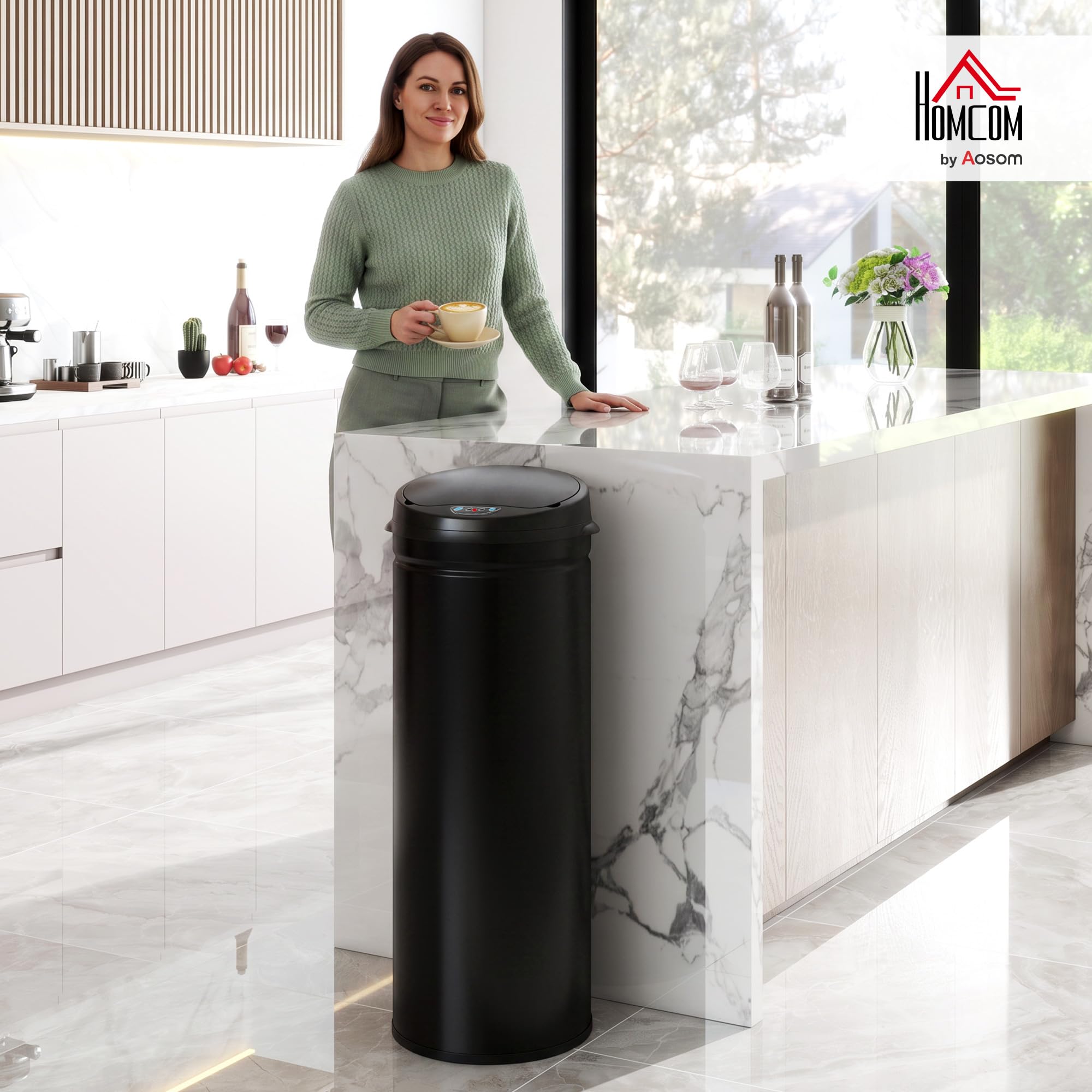 HOMCOM Cubo sensor 50L Soft-Close Automático Sin contacto Negro | Sensor de movimiento, acero inoxidable resistente a huellas, cocina higiénica, uso en oficina en casa