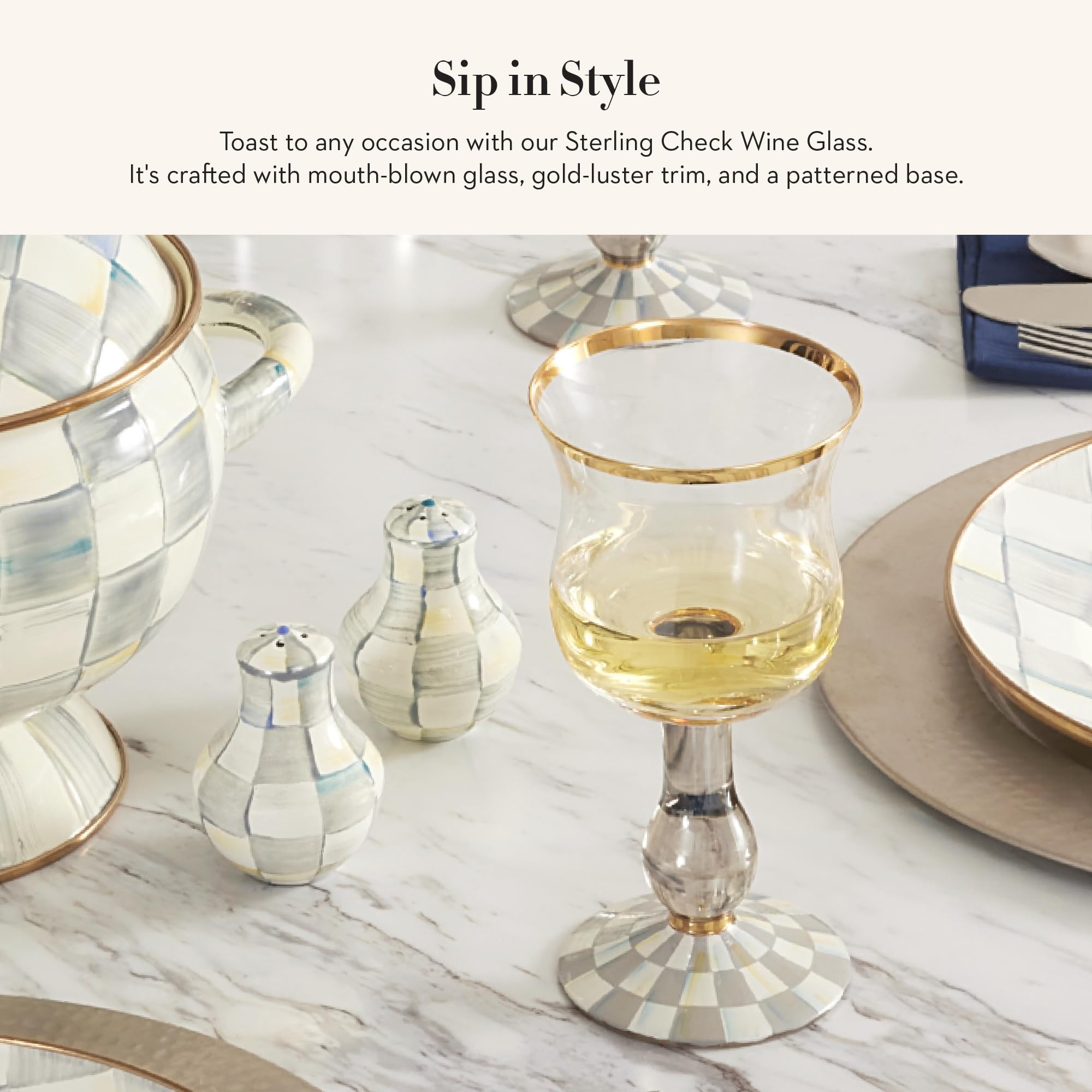 Amazon.com | MACKENZIE-CHILDS Stemmed Wine Glass, Decorative Wine  Glassware, 16 Ounces, Gray-and-White Sterling Check: Wine Glasses